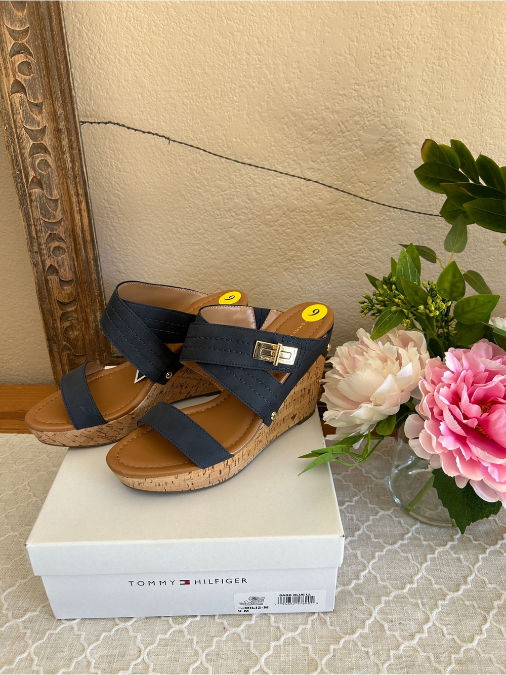 Tommy Hilfiger Navy Cork Wedge Sandals with Gold Buckle, Brand new in box, sz 9
